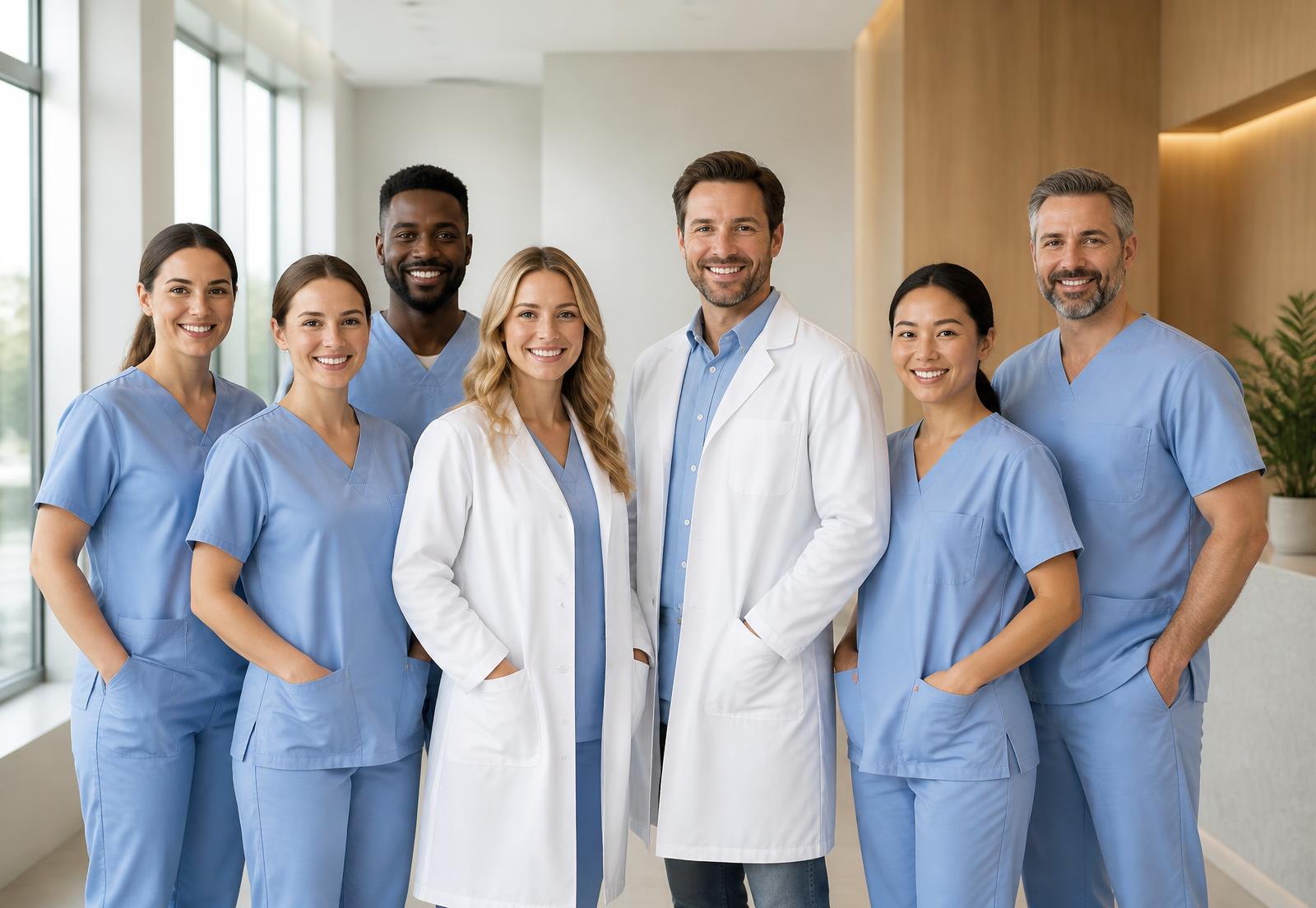 The Riverside Dental team of dentists and hygienists in the clinic lobby